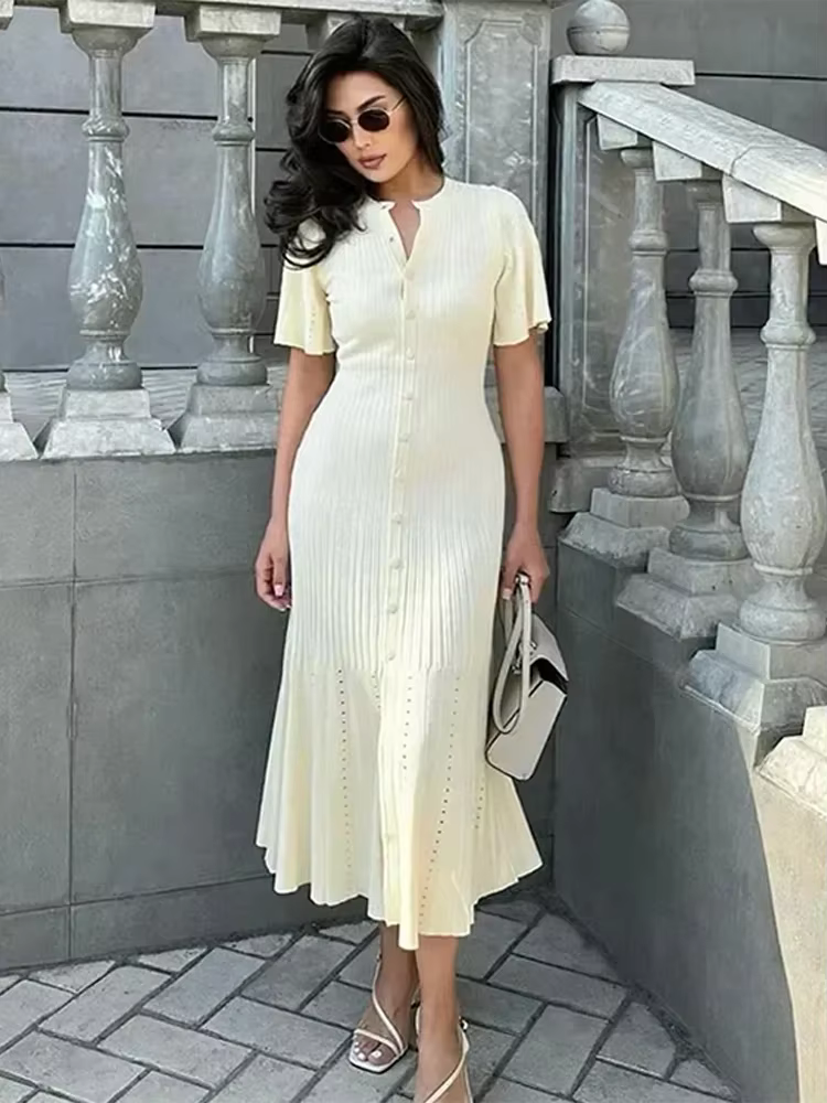 Robe longue patchwork à ourlet plissé pour femme, col rond, manches courtes, simple boutonnage, robes élégantes pour femme, streetwear d'été, monochromatique, 2024