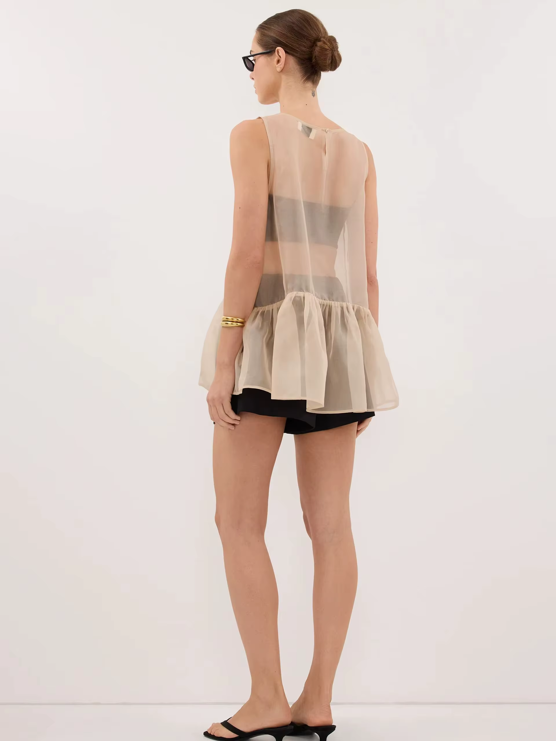 Haut sans manches en maille transparente LIMO pour femme, avec ourlet à volants, fluide et transparent