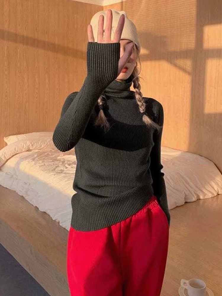 Pull tricoté à col roulé pour femme