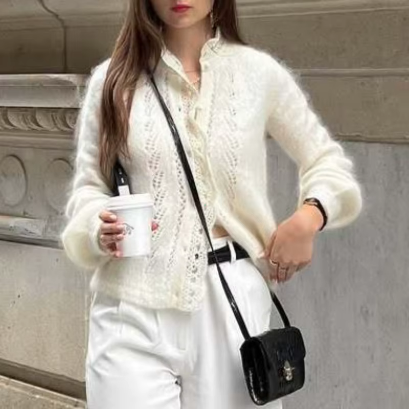 Cardigan blanc en dentelle creuse pour femme