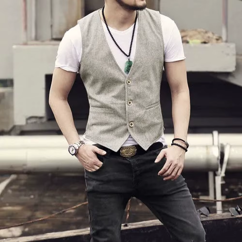 Gilet rétro en lin pour hommes d'affaires, coupe fine, col en v à trois boutons, décontracté et formel, Style britannique, été