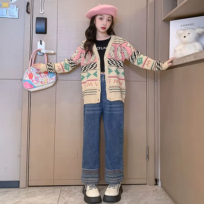 Pull cardigan de dessin animé vintage pour enfants, tricots classiques et rétro, vêtements mignons pour adolescents, mode pour enfants, nouveau, printemps, chat