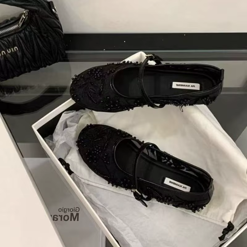 Ballerines pour femmes en maille brodée avec perles, design tendance, boucle, respirantes, style Mary Jane, confortables, talon bas, sandales plates souples