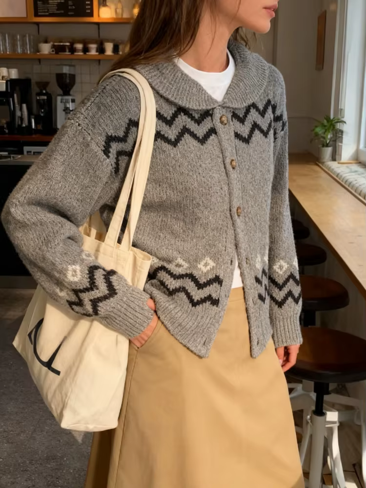 Vintage tricoté imprimé Cardigan manteau femmes Chic décontracté col claudine simple boutonnage pull dame nouveau automne rue tricots