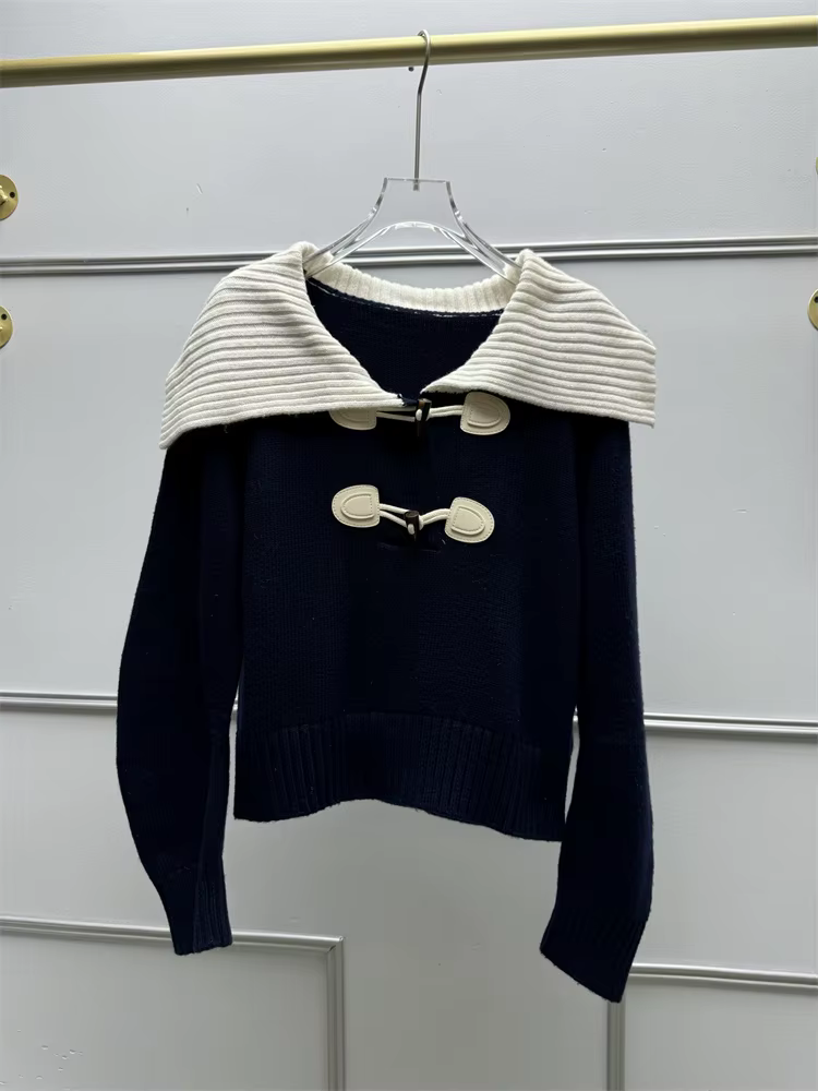 Pull tricoté en laine pour femmes, couleur contrastée, col marin, manches longues, boucle en corne, court, haut en tricot