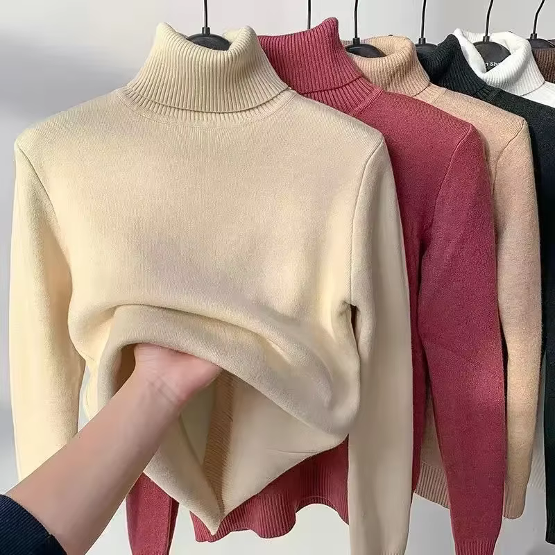 Pull en peluche polaire doublé tricot pour femmes, col roulé, décontracté, polyester, acrylique et coton, pour l'automne et l'hiver, confort et style élégant