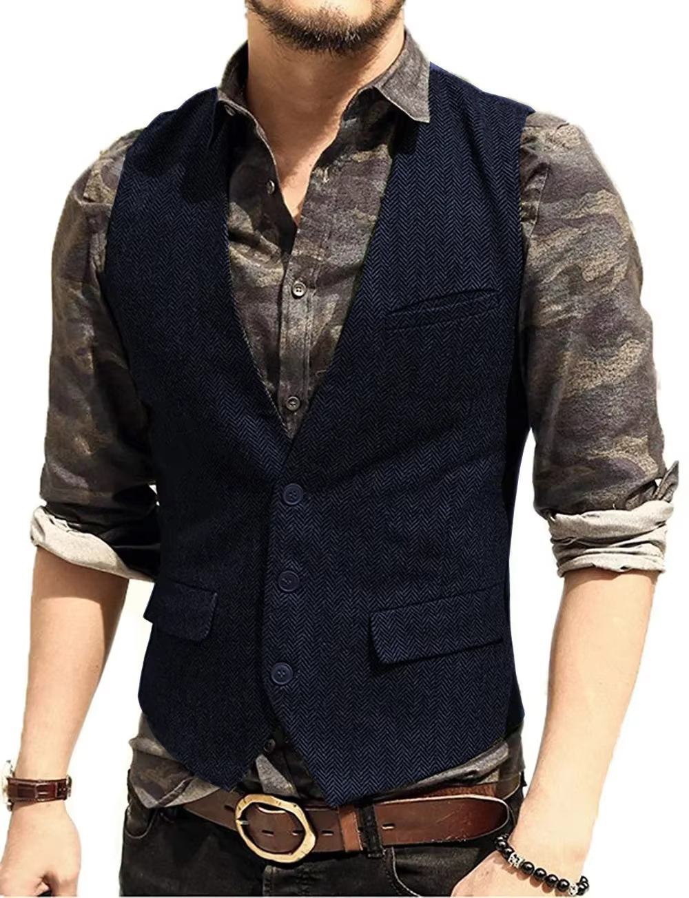 Gilet de Costume Homme 2025 Col en V Coupe Slim Motif Tweed pour Garçons d'Honneur Tenue de Mariage et de Fête Veste Décontractée Tendance