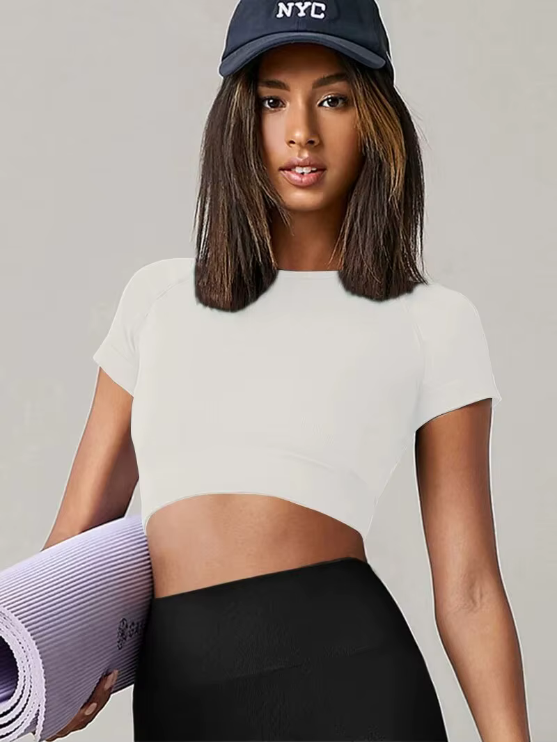 T-shirt de sport sans couture pour femme, haut de yoga, vêtements de fitness, chemise de gym, vêtements de course actifs, manches courtes
