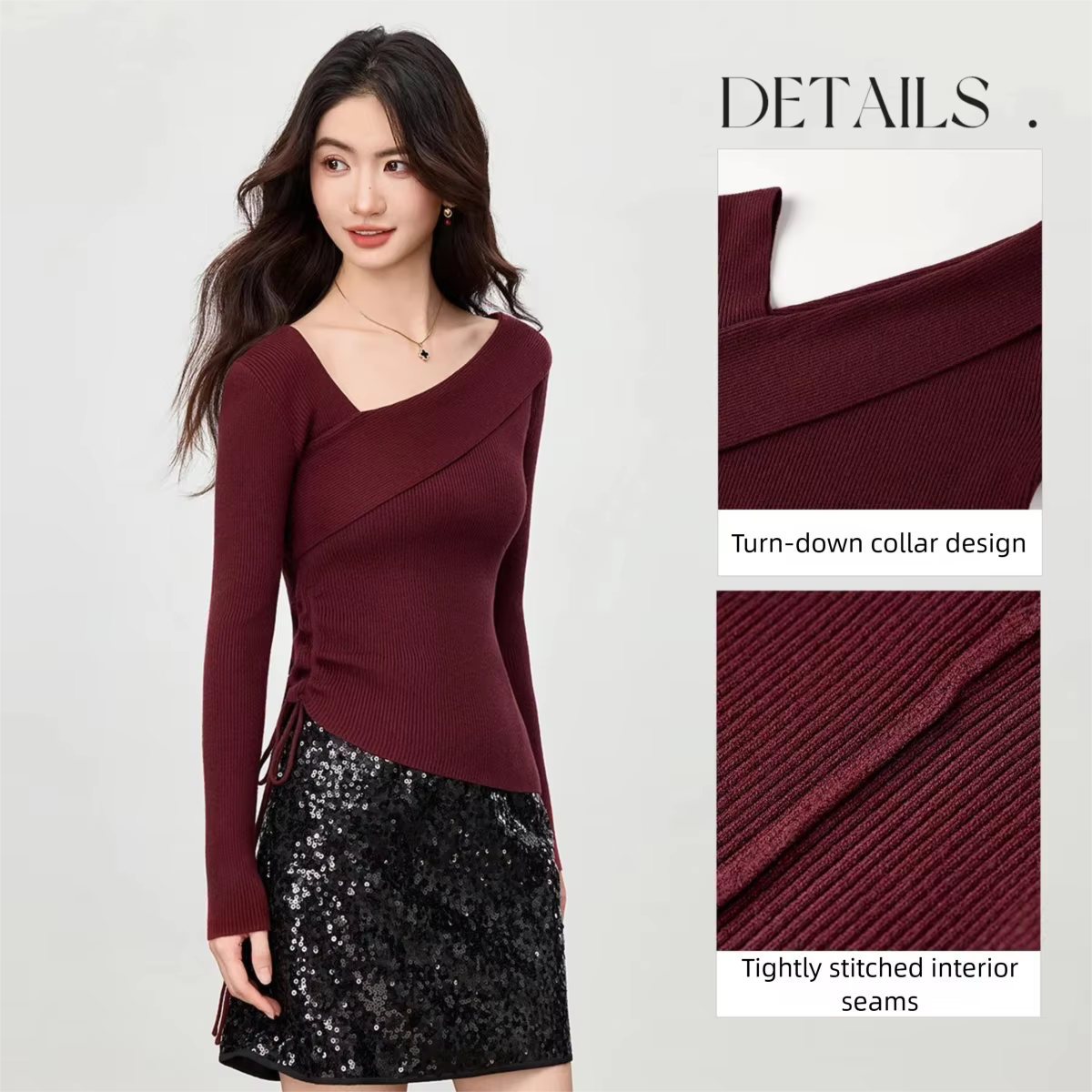Pulls pour femmes SENTUBILA Automne 2026 – Hauts en maille ajustés avec cordon de serrage latéral et col asymétrique rabattable W53HA3051