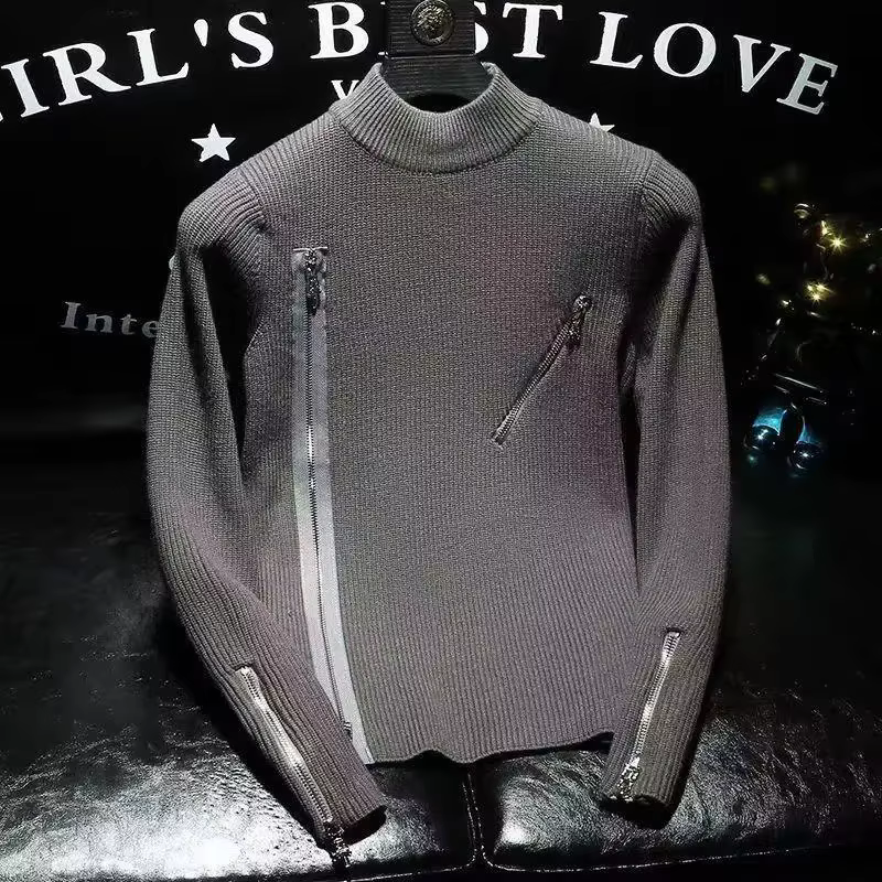 Pull à manches longues pour hommes, couleur unie, fermeture éclair, tendance, décontracté, polyvalent, col haut, haut tricoté, nouvelle collection automne hiver