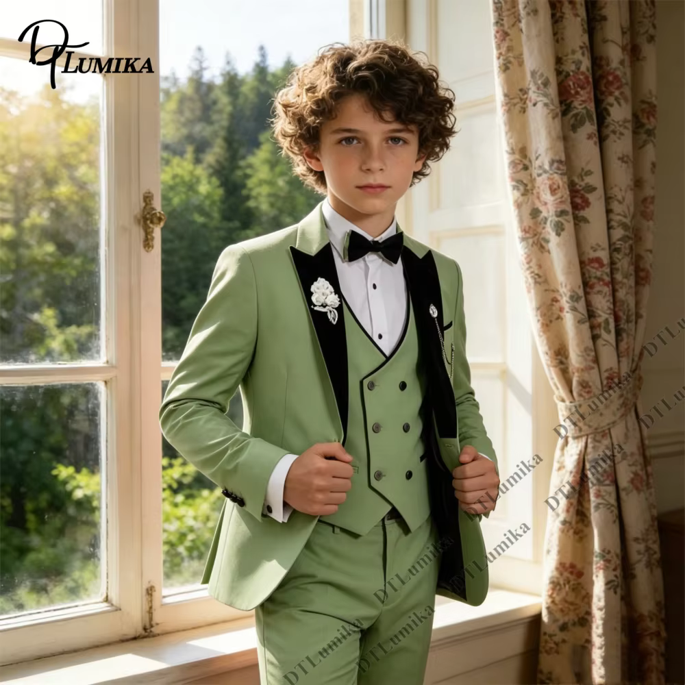 Costume 3 pièces vert sauge pour garçons, veste à revers en velours, gilet et pantalon, tenue de pageboy pour tout-petits, tailles 3T-14T, pour mariage, anniversaire, remise de diplôme
