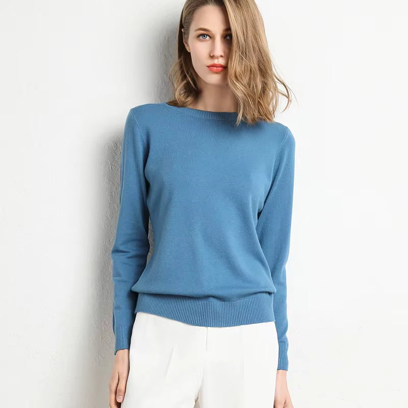 Pull Slim à col rond pour femme, mélange de laine et cachemire, chemise à manches longues en tricot, grande taille, automne et hiver, 2024