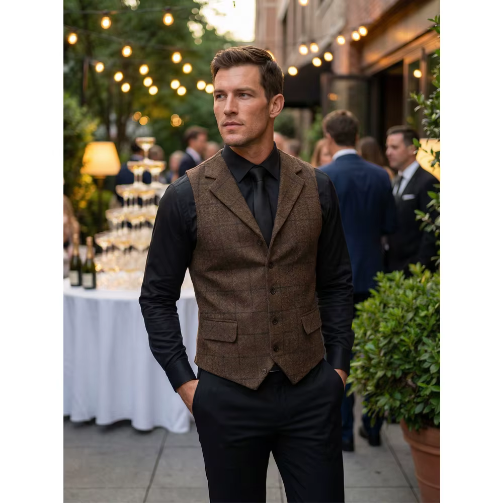 Gilet vert pour hommes, gilet en laine Tweed, coupe cintrée, costume à carreaux à revers, gilet de smoking en Tweed à chevrons, pour mariage personnalisé, 2019