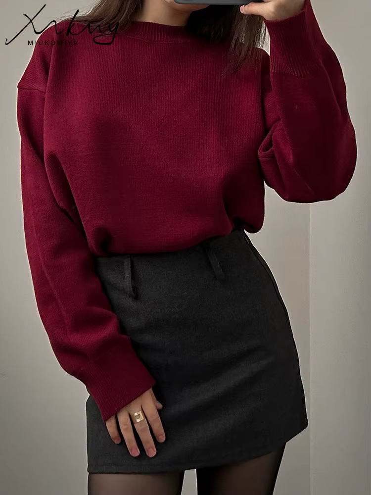 MiuKoMiYa femmes hiver surdimensionné pull bordeaux col rond Vintage pulls en vrac chandails de noël