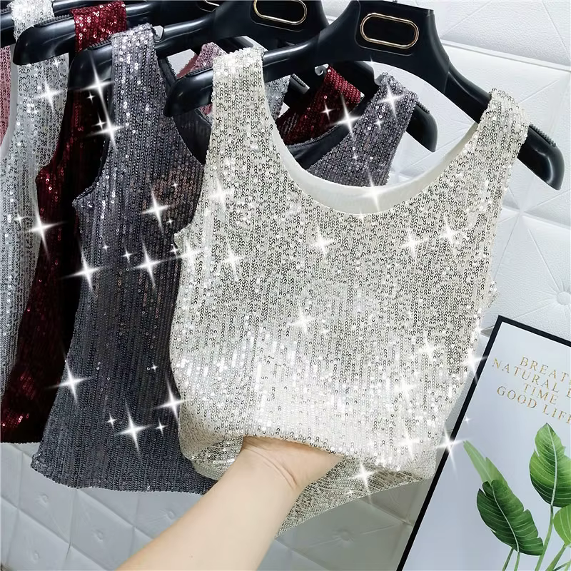 Gilet à paillettes scintillantes et col rond pour femmes