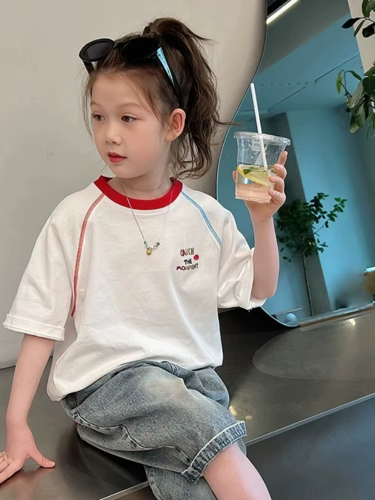 T-shirt blanc pour filles, nouvelle collection été 2026, 100 % coton, épaules tombantes, manches courtes, décontracté, pour grandes filles, coupe ample tendance