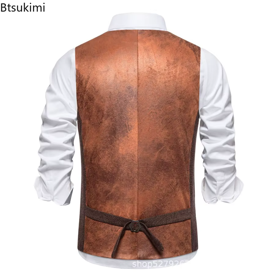 Gilet de costume pour hommes, couleur unie, costume à chevrons, vêtements de travail décontractés, rétro marron, gilet à simple boutonnage pour hommes