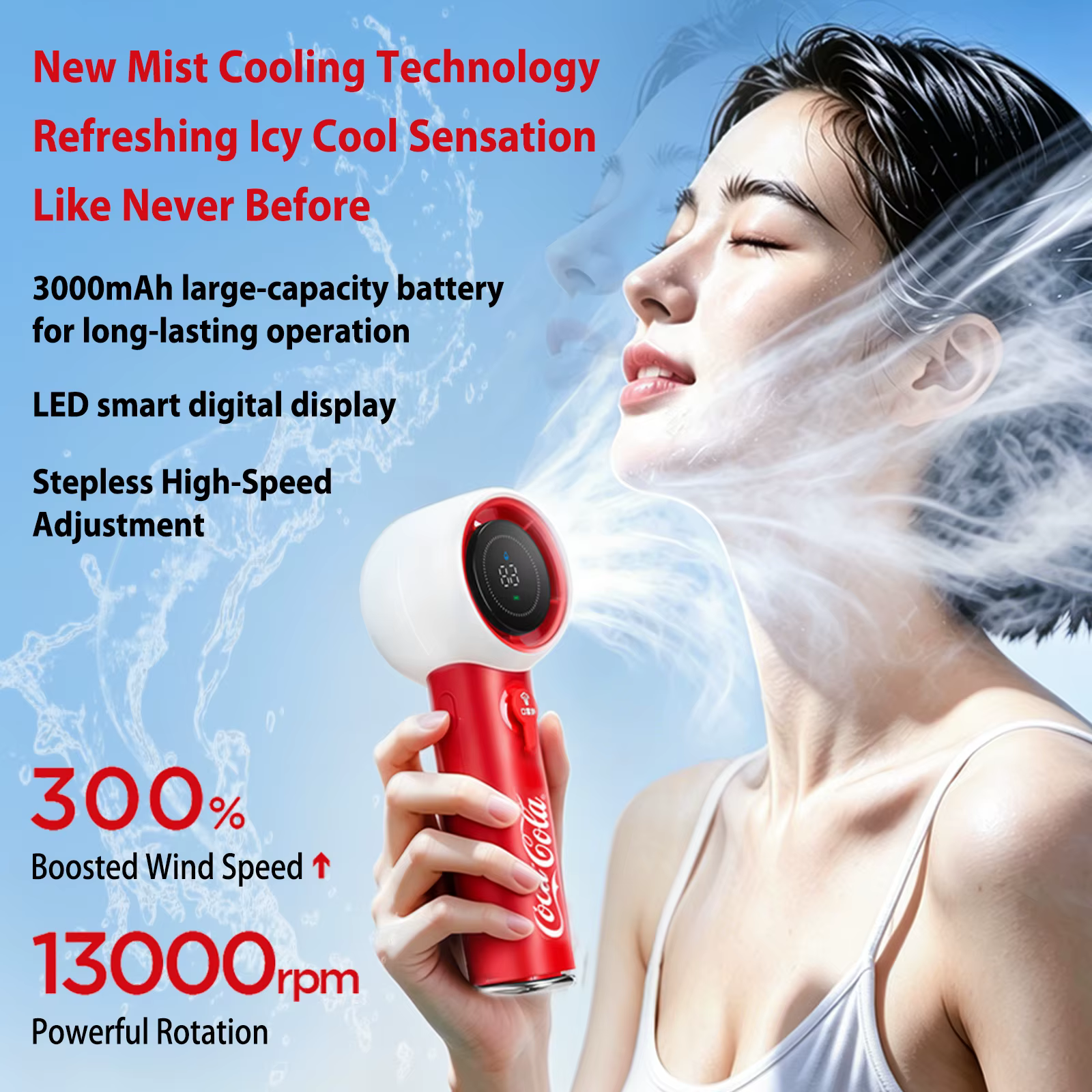 Ventilateur portable à brumisation d'eau Coca-Cola Mini 3000 mAh, 5 vitesses, rechargeable par USB, pour extérieur