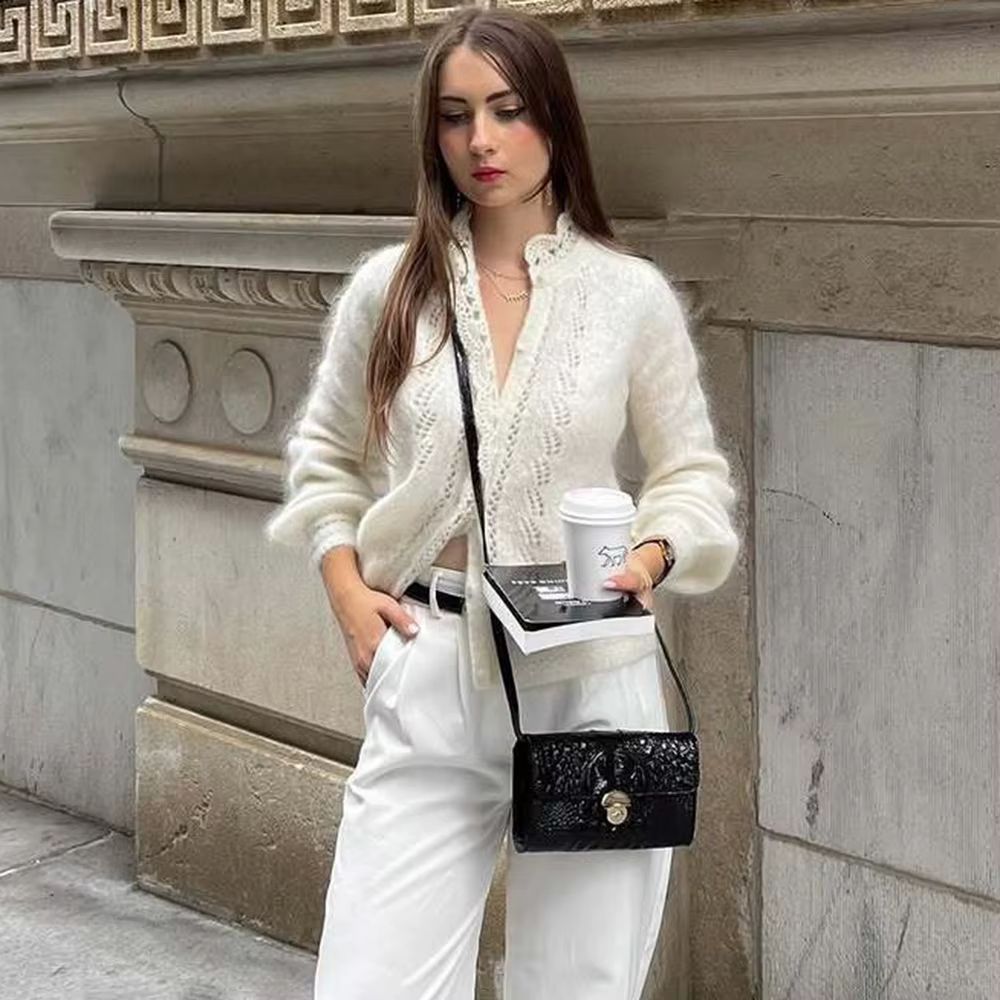 Talenza blanc femmes Cardigan mode dentelle évider décontracté surdimensionné printemps chandails Chic banlieue Streetwear femme pulls