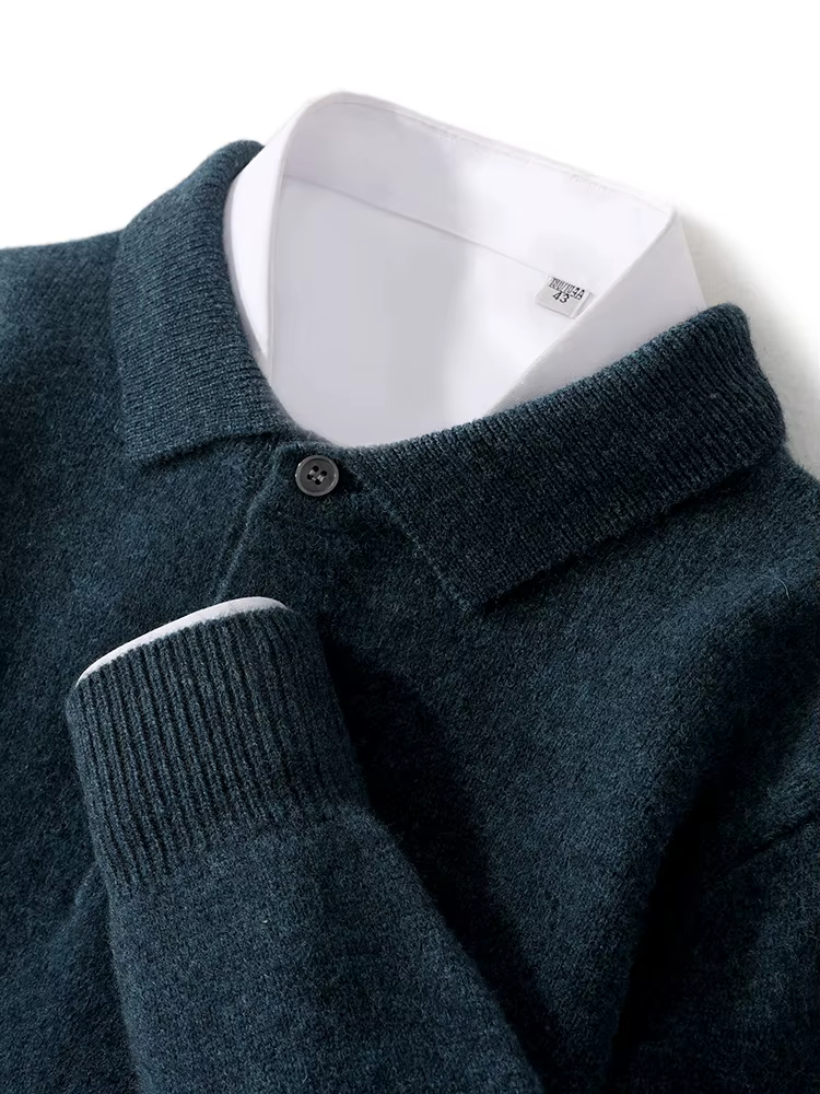 Pull à col POLO pour hommes, épais, manches longues, pulls d'affaires, 100% laine mérinos, chemise en tricot, vêtements de base, nouvelle collection automne hiver