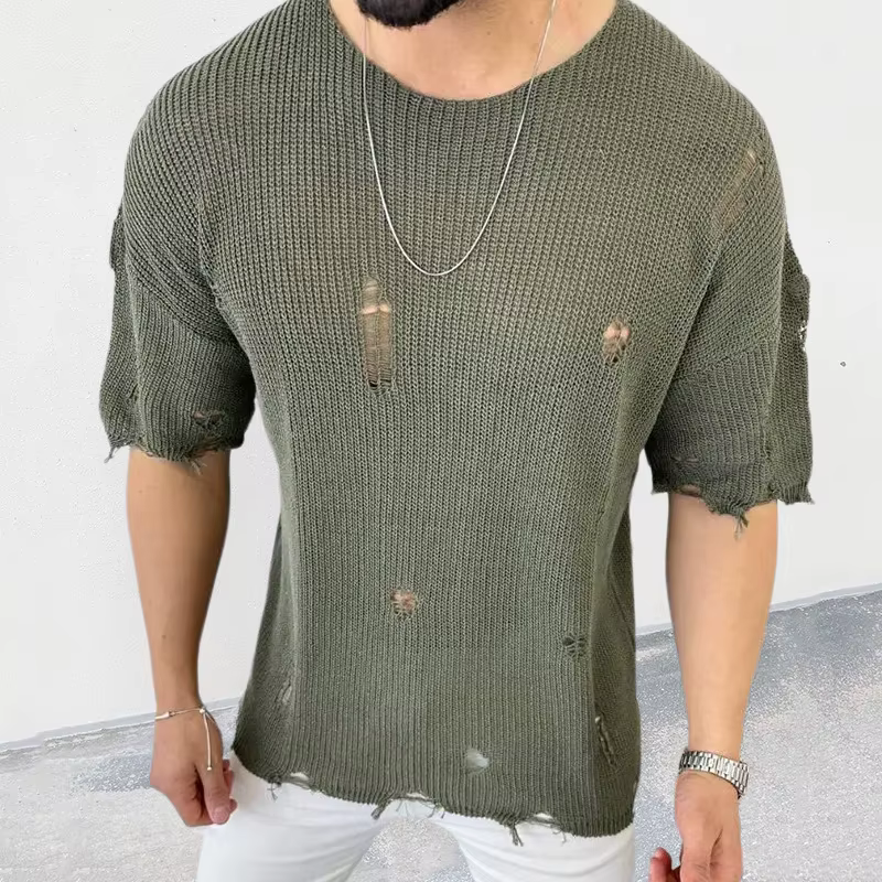 Pull fin à manches courtes et col rond pour hommes, chemise en tricot Amissié, t-shirt décontracté, streetwear masculin, été, 2023