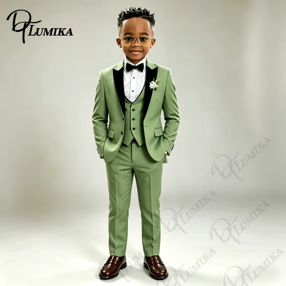 Ensemble costume vert pour garçons : veste, gilet, pantalon avec nœud papillon, blazer à revers pointus, smoking formel pour enfants pour mariage, fête, spectacle