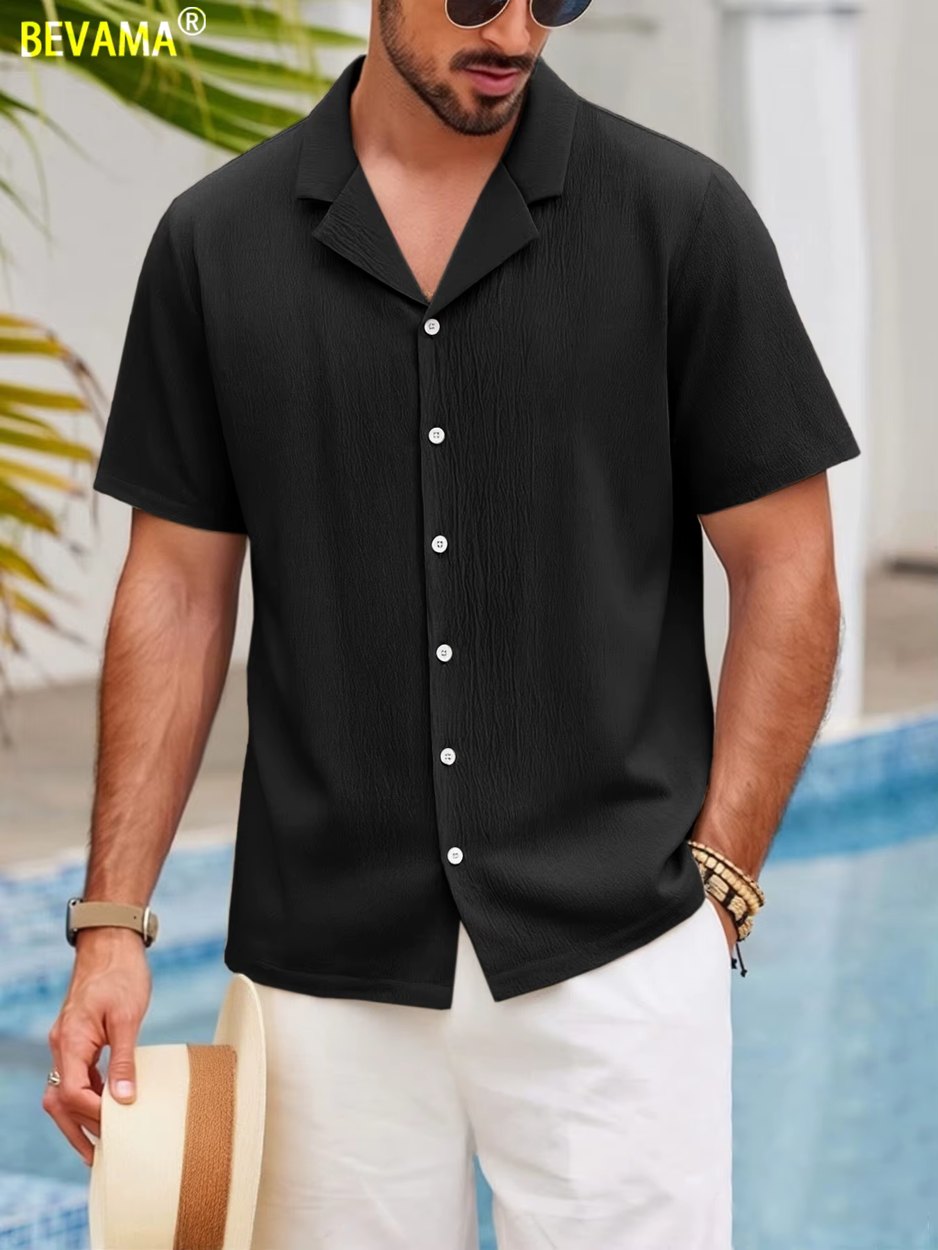 Chemise d'été pour homme à col cubain - Haut décontracté à manches courtes noir uni coupe classique pour la plage et les soirées, confortable