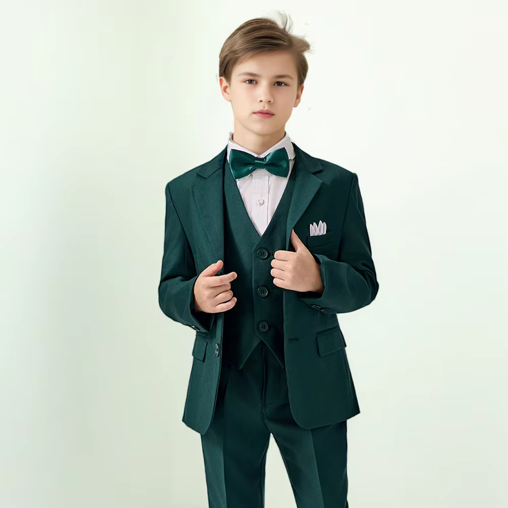 Ensemble de Costume vert haut de gamme pour garçons, Costume de photographie de mariage et d'anniversaire pour enfants, Blazer, gilet, pantalon, tenue avec nœud papillon