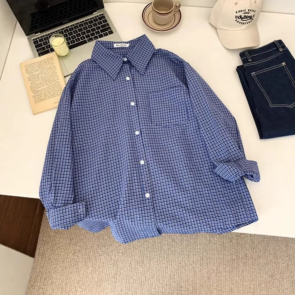 Veste chemise à manches longues à carreaux bleus pour femmes, Style paresseux Vintage de début d'automne, chemise ample et décontractée à carreaux ajustée.
