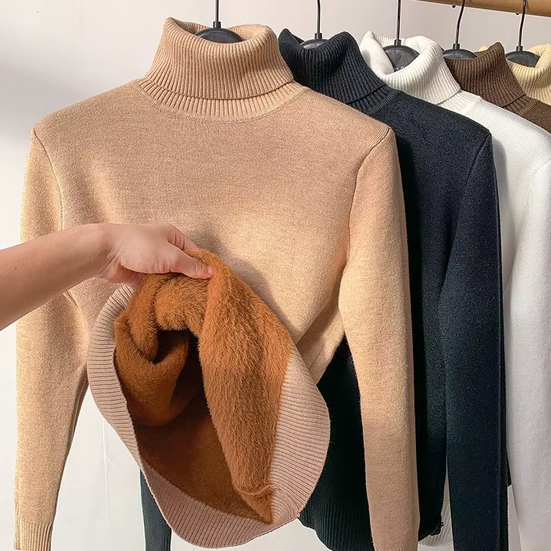 Pulls à col haut avec doublure épaisse en peluche pour femmes
