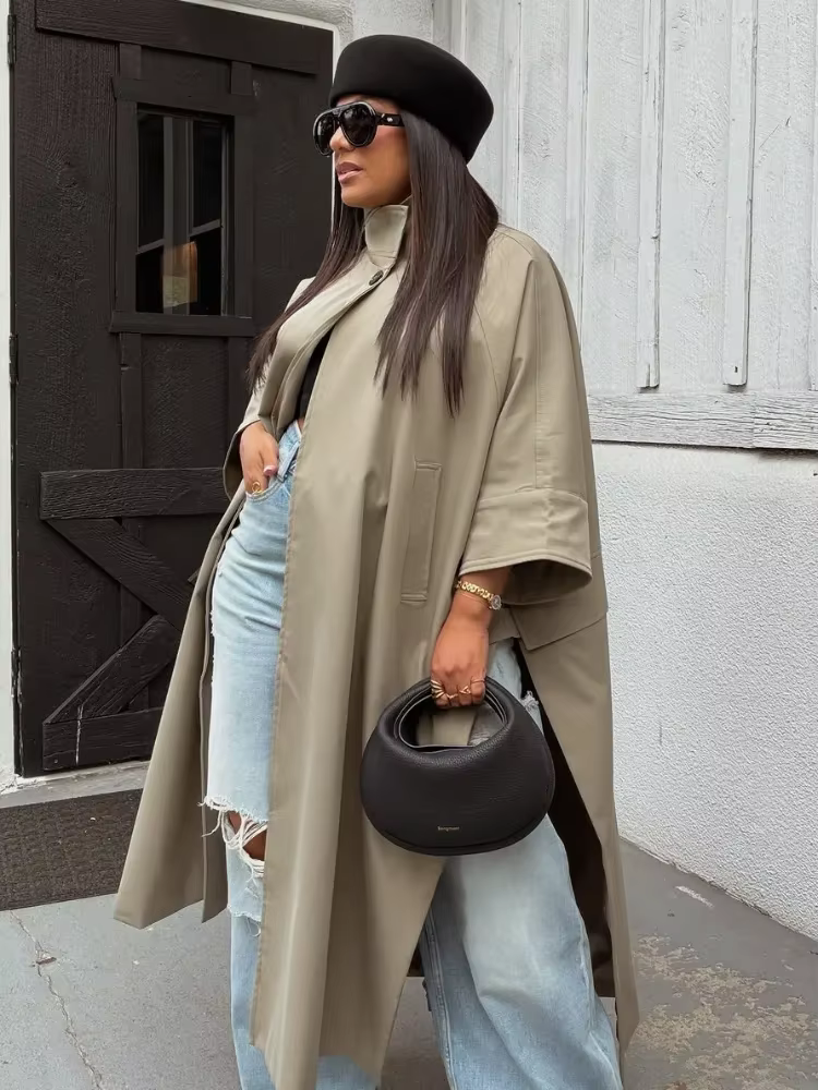 Manteau cape oversize à col montant, manches chauve-souris trois quarts, devant ouvert, long poncho, veste ample maxi pour femme, vêtement d'extérieur 2026