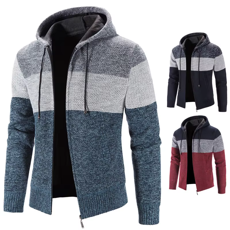 Cardigan à Capuche pour Homme, Vêtement Confortable et Chaud, Style Patchwork, Fermeture Éclair, Loisirs, Automne, Taille 3XL