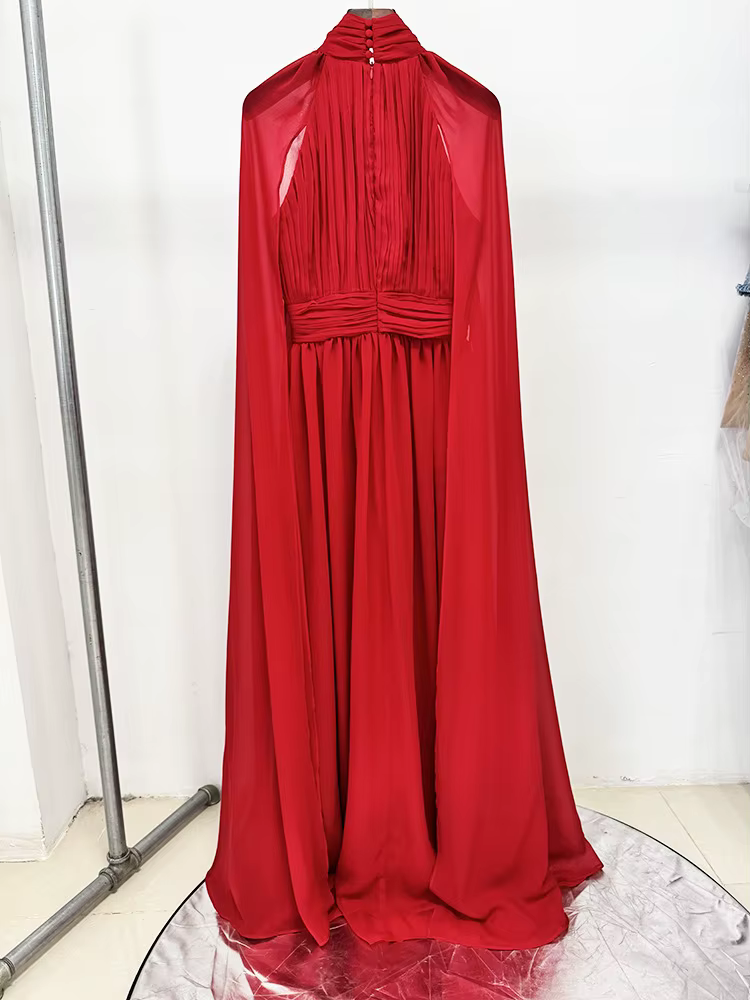 Robe de soirée rouge en mousseline de soie, col haut, manches Cape, robe Maxi plissée élégante pour Occasions formelles, robe longue de bal de qualité
