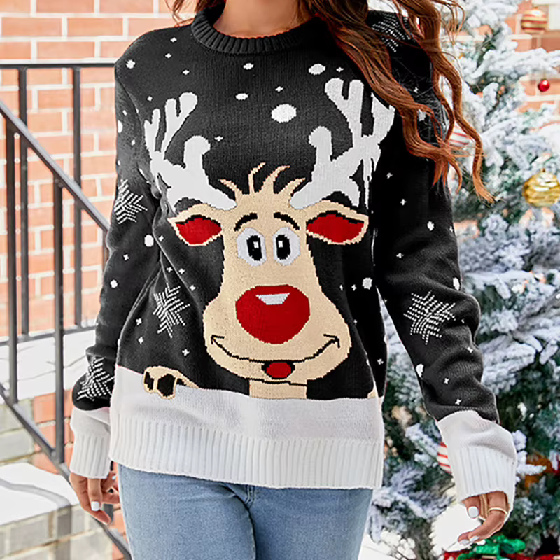 Nouveau hiver femmes pull de noël dessin animé imprimé chaud doux tricots Jacquard pulls paresseux Style Look porter hauts pullover