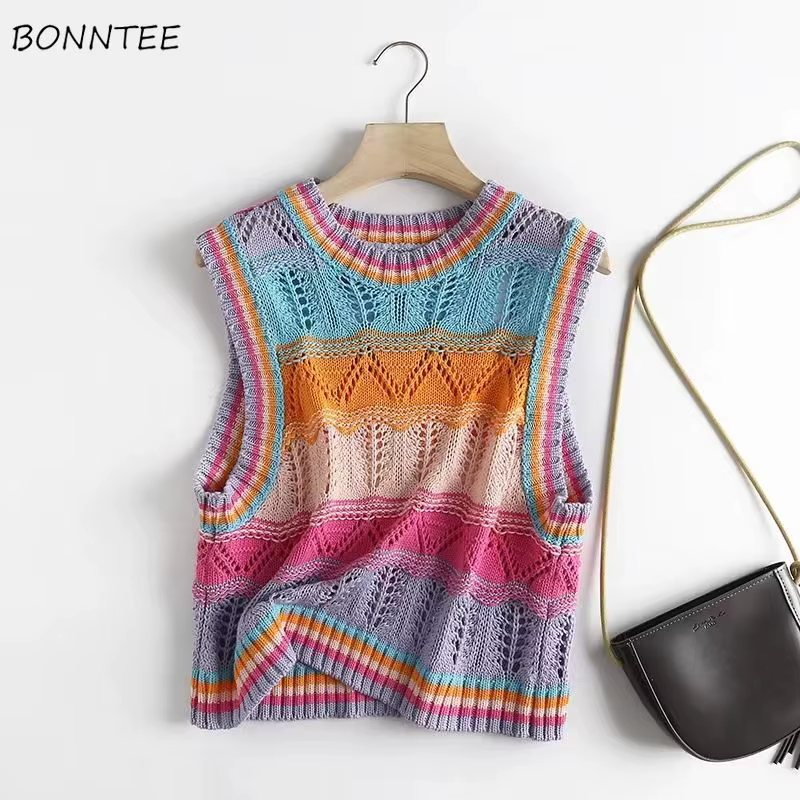 Gilet pull à rayures arc-en-ciel pour femme