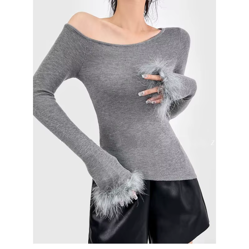T-shirt à manches longues et col asymétrique pour femme