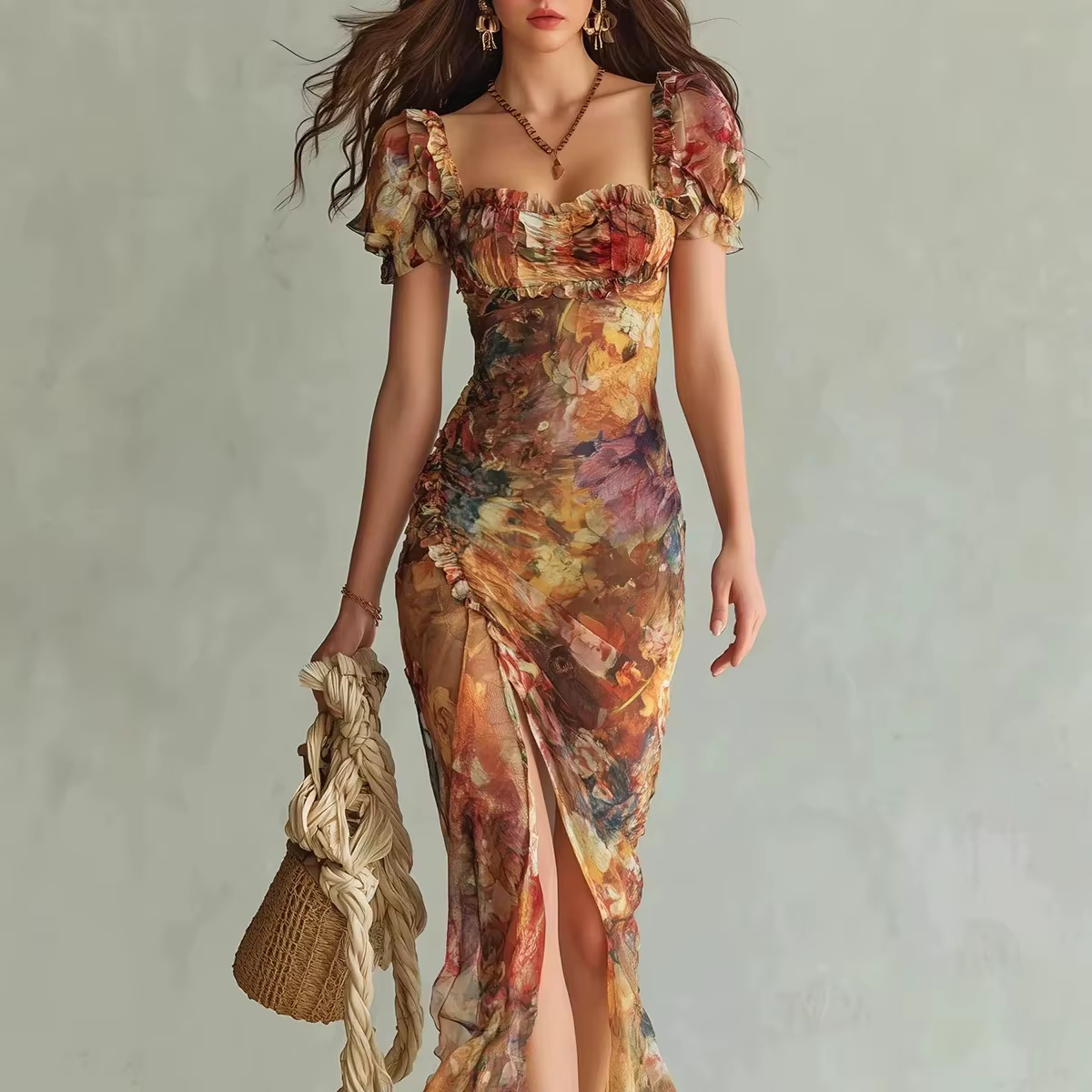 Robe d'été pour femme à col carré, imprimé bohème tendance, taille fendue, dentelle, manches courtes, nouvelle collection, polyvalente et élégante