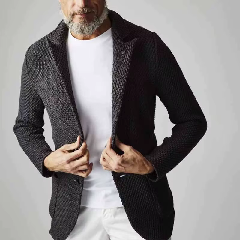 Vintage boutonné revers tricot vestes hommes printemps automne décontracté couleur unie texturé tricoté Cardigans hommes mode mince vêtements d'extérieur