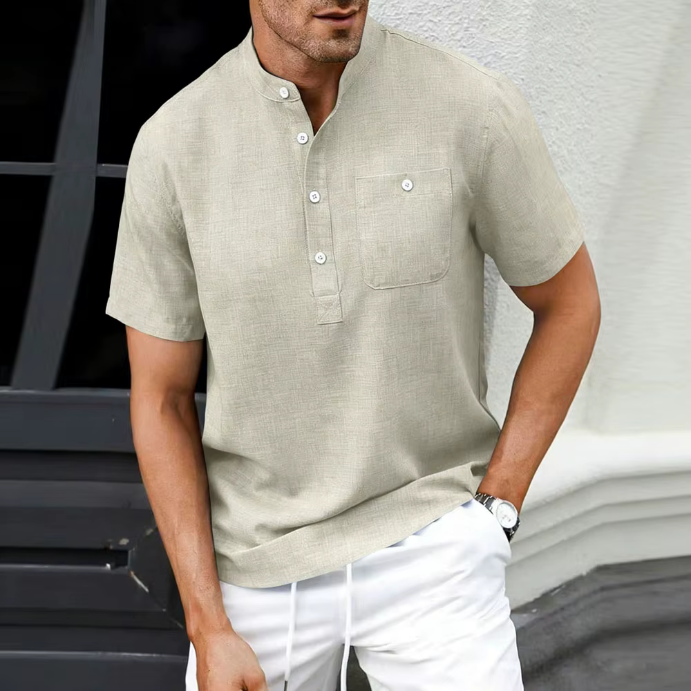 Chemise Henley à col montant pour homme, aspect lin, décontractée, manches courtes, boutonnée, légère, t-shirt d'été pour la plage