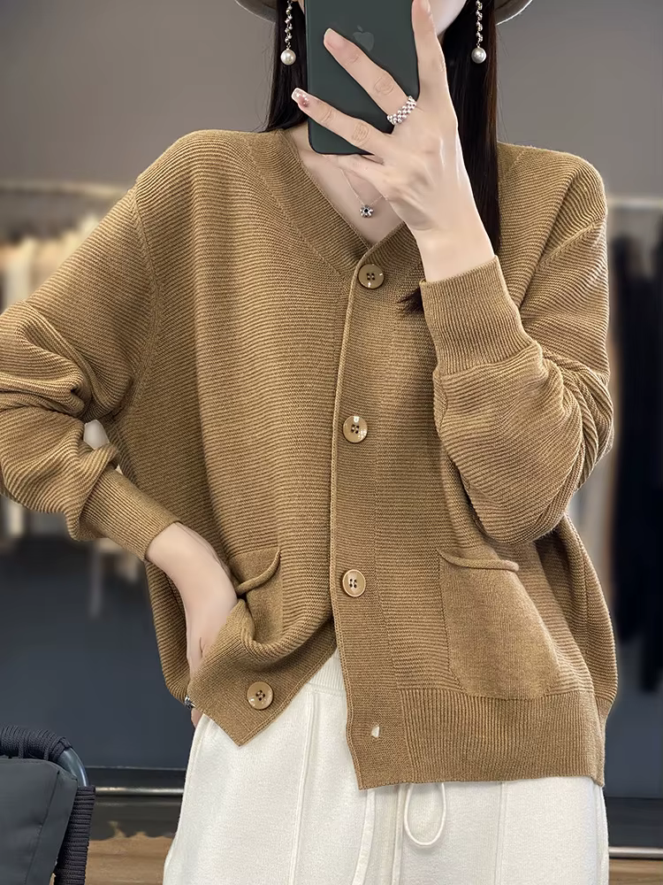 Pull cardigan en lin à manches longues et col en V pour femmes