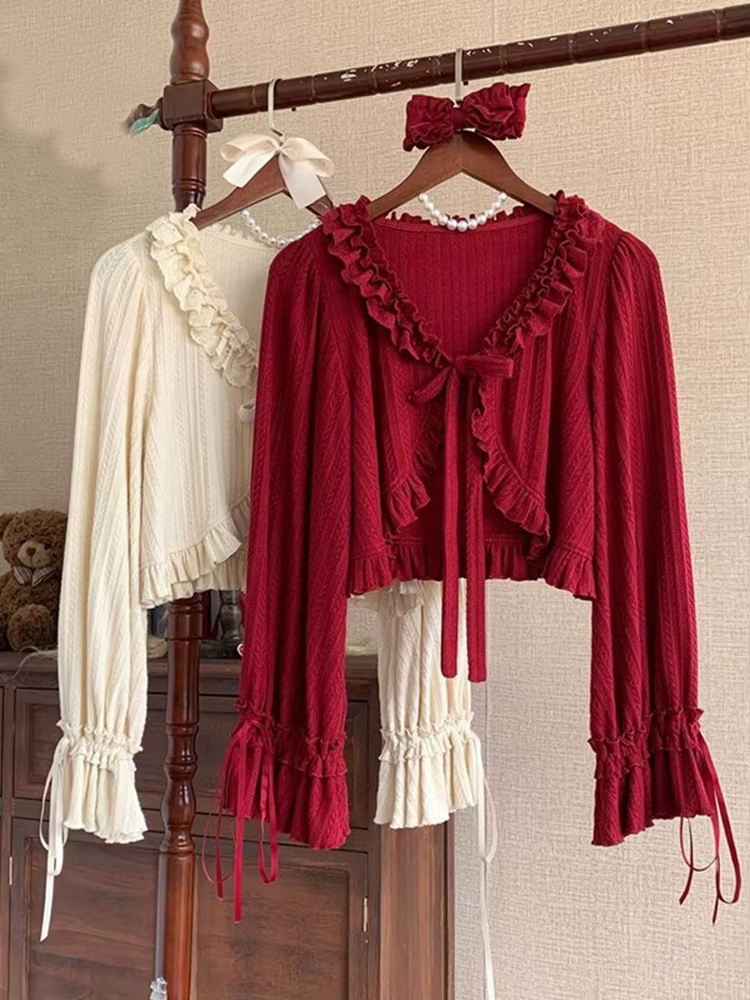 Kawaii Lolita Cardigan femmes japonais doux volants col en V culture hauts décontracté mignon nœud à manches longues tricoté manteau femme printemps nouveau