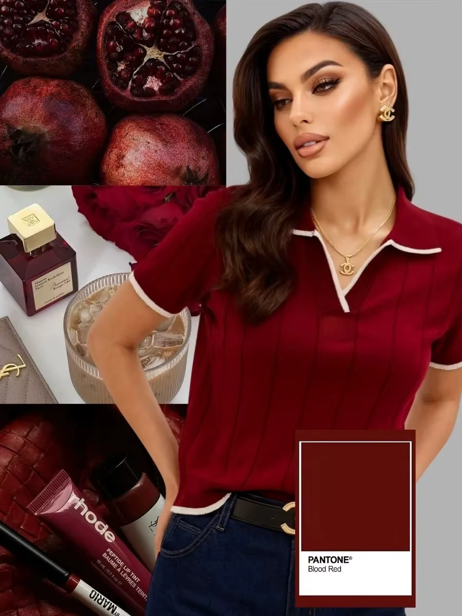 Polo en tricot marron à bordure blanche contrastante pour femme