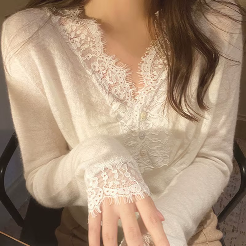 Sexy dentelle col en V pulls femmes mode Patchwork simple boutonnage Swraters femme coréenne Chic à manches longues doux sommets