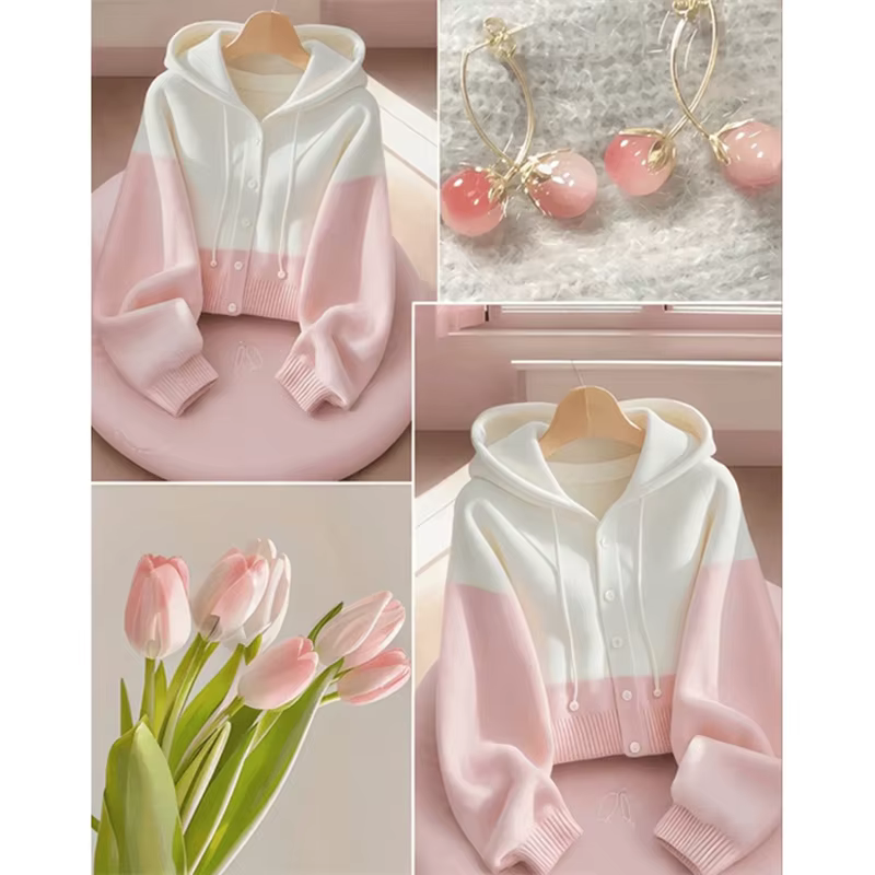 Cardigan tricoté à capuche épissé rose et blanc pour femme