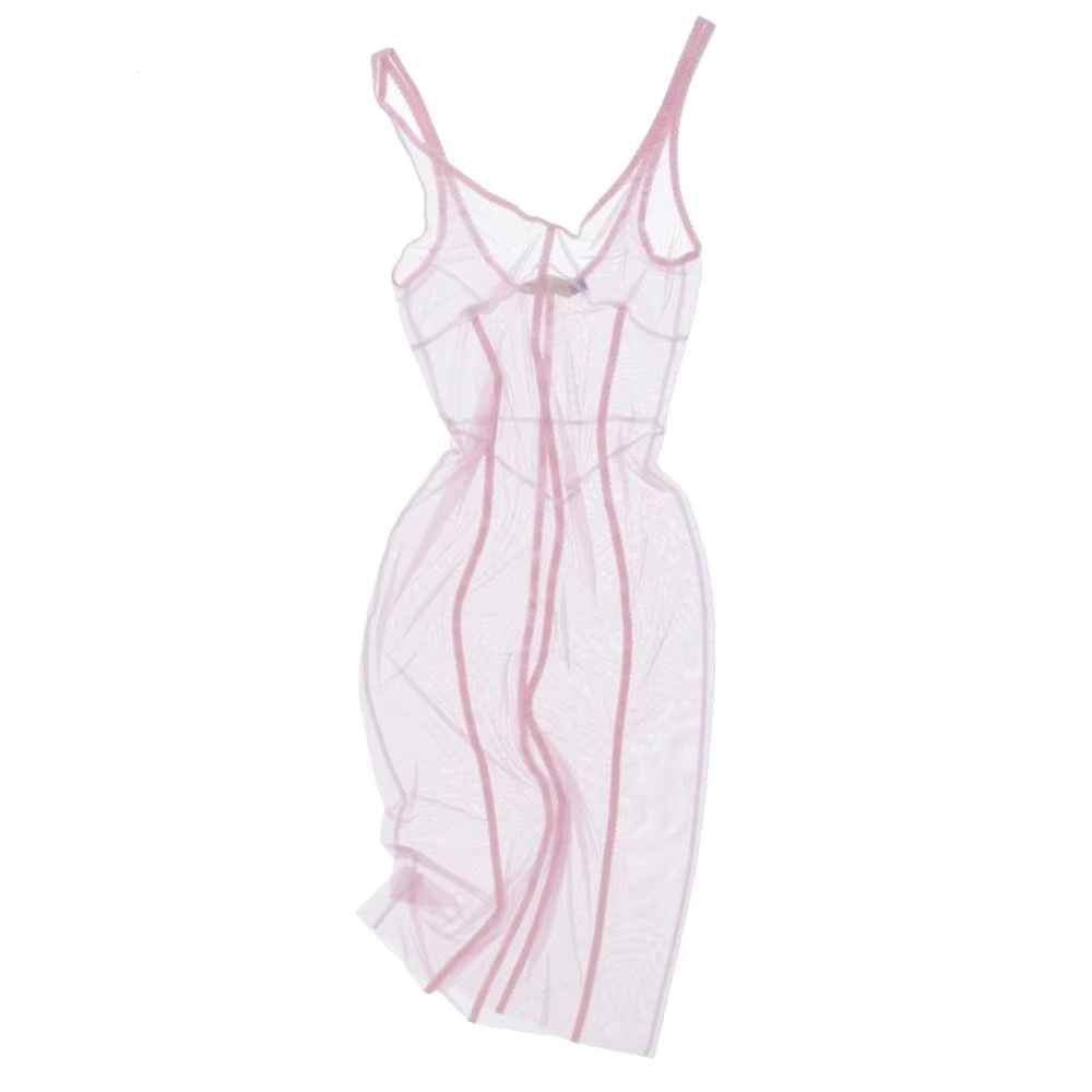 Robe cache-cœur sans manches en maille transparente, à taille cintrée, avec bordure en dentelle, couleur unie et bretelles spaghetti