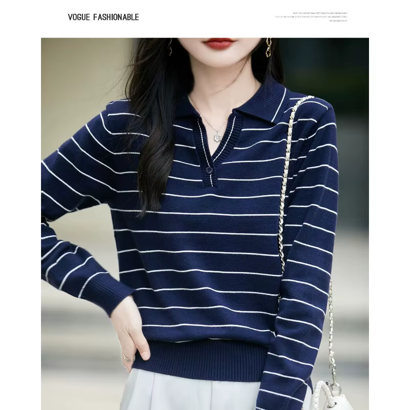 Pull à manches longues et col rayé de Style français pour femmes