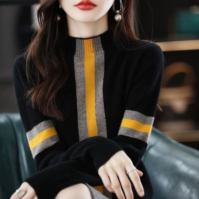 Pull rayé noir et bleu ciel pour femmes, style années 90, col montant, coton acétate polyester, pour automne et hiver