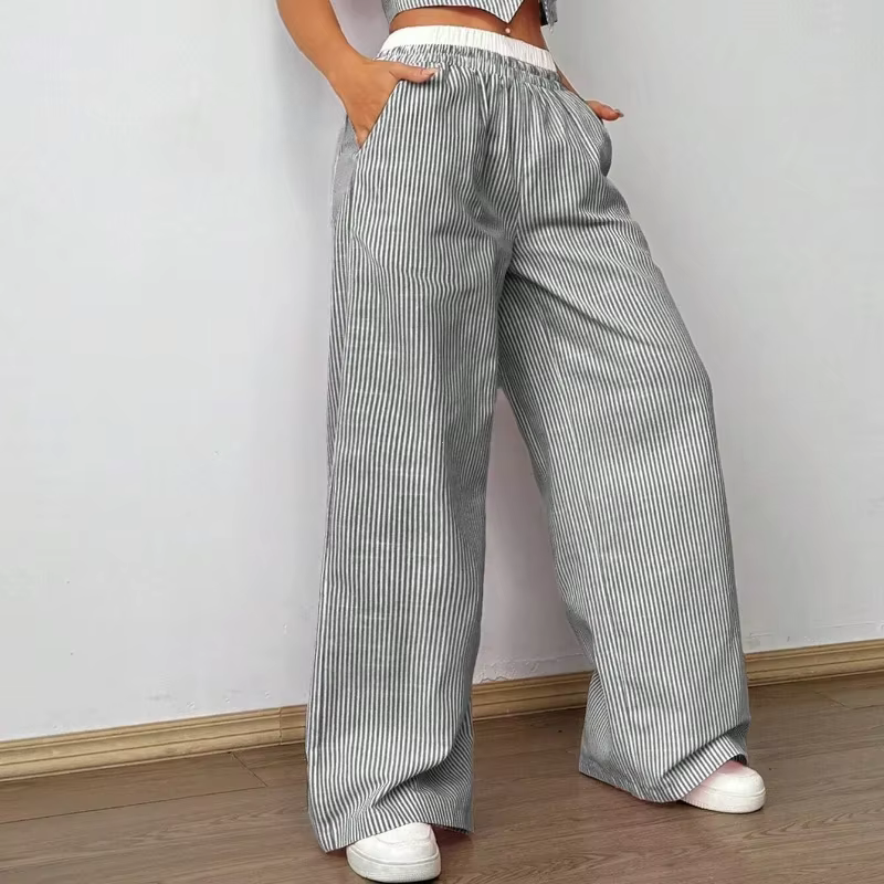 2025 nouveau élégant rayé sans manches col en v gilet taille contraste Co pantalon deux pièces ensemble été Woen ensembles mode costume haut