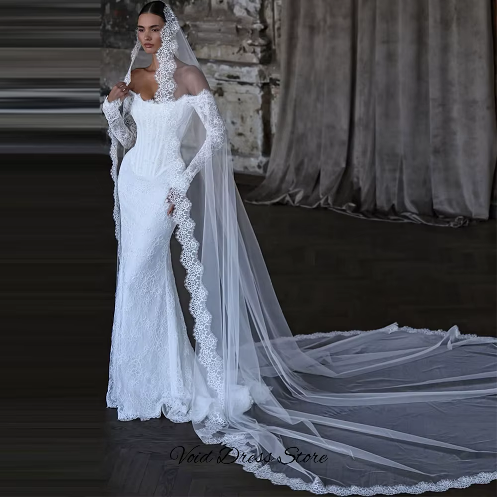 Robe de mariée à manches longues et col bateau, avec appliques en dentelle, robe de mariée sirène personnalisée avec dos à lacets