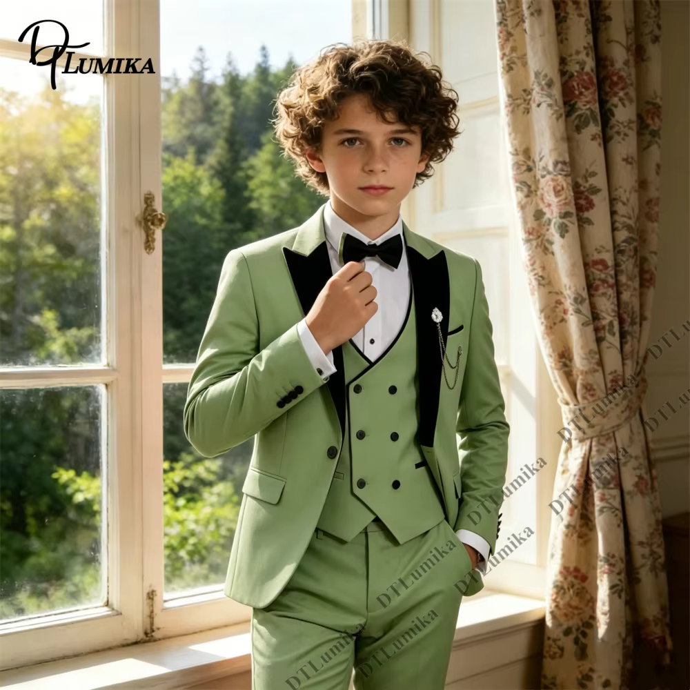 Costume 3 pièces vert sauge pour garçons, veste à revers en velours, gilet et pantalon, tenue de pageboy pour tout-petits, tailles 3T-14T, pour mariage, anniversaire, remise de diplôme